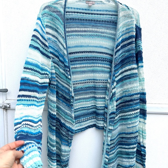 J Jill open front cardigan sweater large linen cotton blend blue striped knit - Picture 2 of 13
